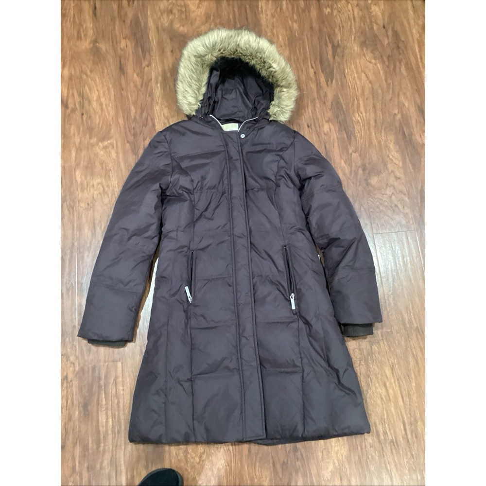 Michael Kors Plum Faux-Fur-Trim Zip Hooded Puffer Long Coat Women's Size Medium
